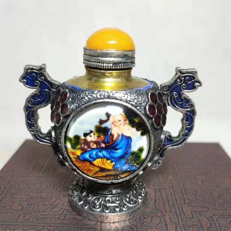 Antique Collection Antique Tibetan Style Snuff Bottle Pure Copper Double-Sided Painting Inlaid Smoking Set inside Painted Snuff