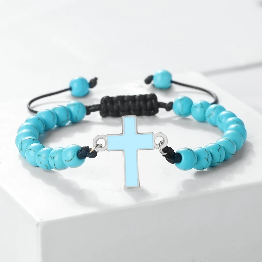 النساء الصليب سوار 6 مللي متر الوردي الكوارتز الأسود الجزع الحجر الطبيعي الخرز أساور اليدوية الرجال الإسورة قابل للتعديل الصلاة اليوغا مجوهرات #3