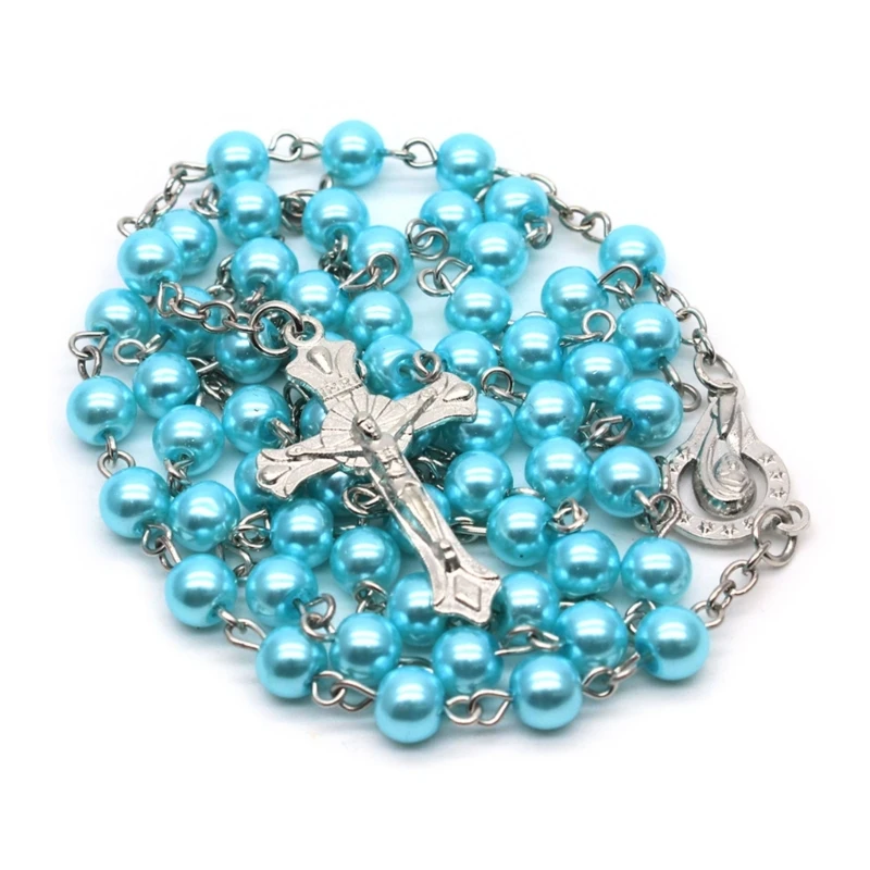 Rosary Beads Catholic Necklace for Women Crucifix Cross-Charm Long Chain Christian Amulet Necklace Religious Jewelry