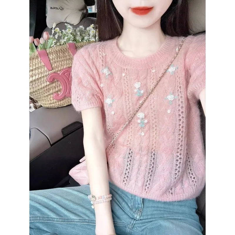 

Top Women's Summer Korean Style Designer Openwork Crochet Short Sleeve Knit Top Loose Fit Soft Youthful Minimalist Casual Niche