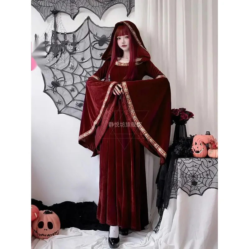 هالوين الكبار الرجعية القرون الوسطى المحكمة مقنعين الملكة تأثيري فستان الساحرة مصاص دماء فستان طويل زي زي