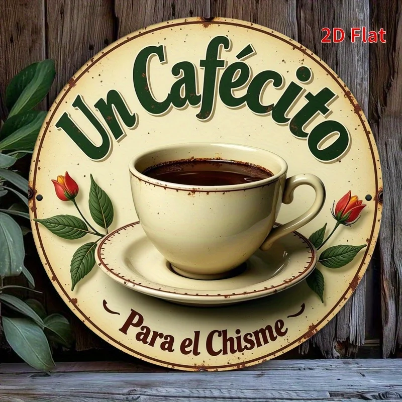 Runde Metallwandkunst „Kaffee und Chat“ im Vintage-Stil – böhmisches Eisenschild mit rustikalem Design, perfekt für Zuhause, Küche, Garagendekoration