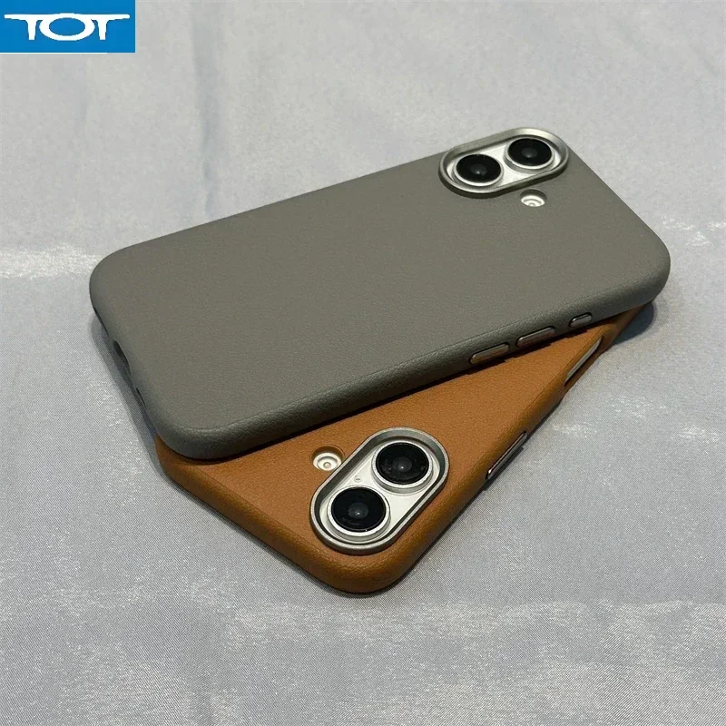 

Simple Solid Color Leather MagSafe Phone Case For iPhone 16 Pro 16pro max 15 Metal Lens Wireless Charging Shockproof Back Cover