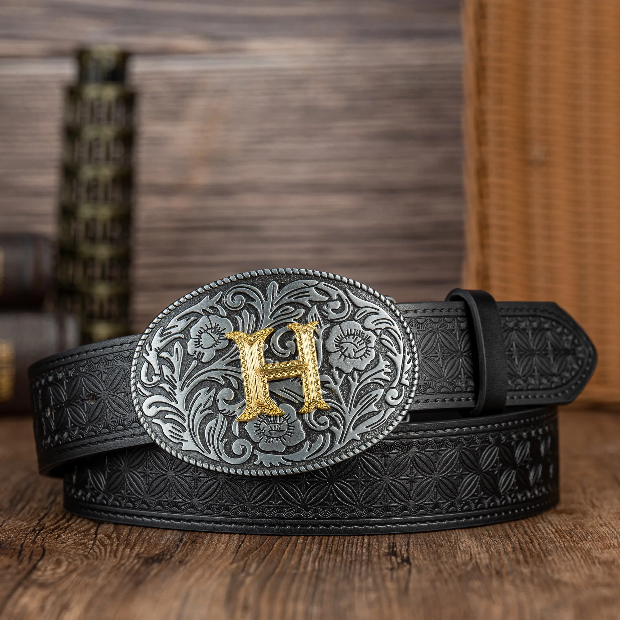 Oval flower letter big plate buckle trend simple paper-cut PU embossed button belt