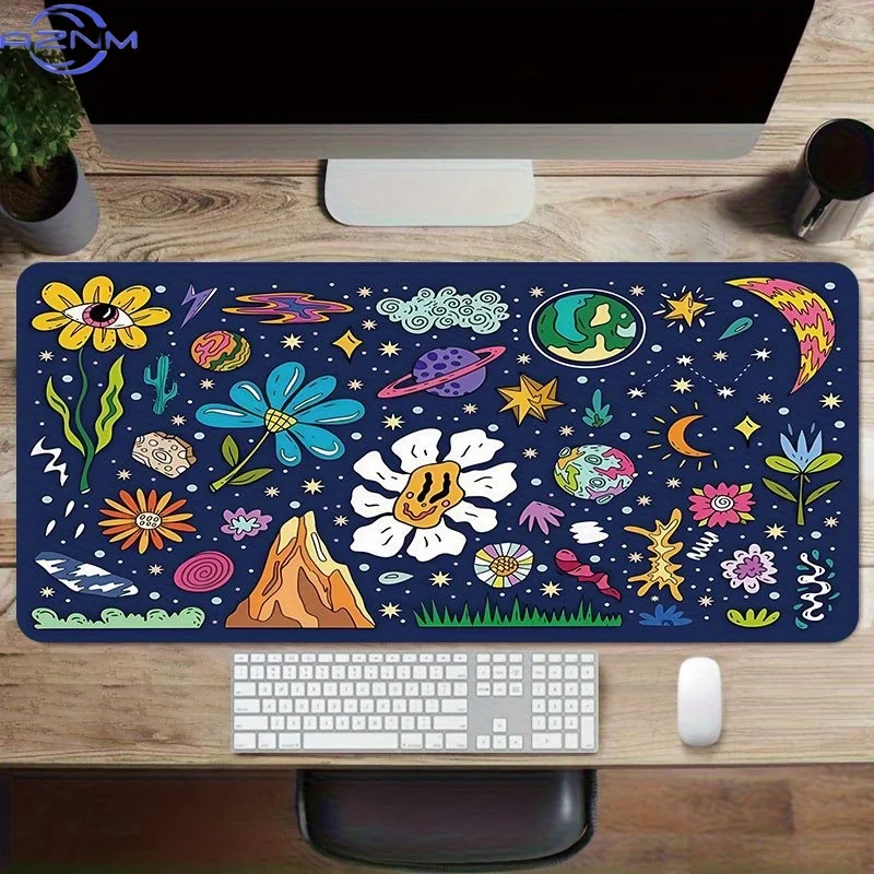 Vibrant Cosmic Floral Mouse Pad  cm - Non-Slip Rubber Desk Mat with Stitched Edges, Colorful Space & Nature Design for Gamers &
