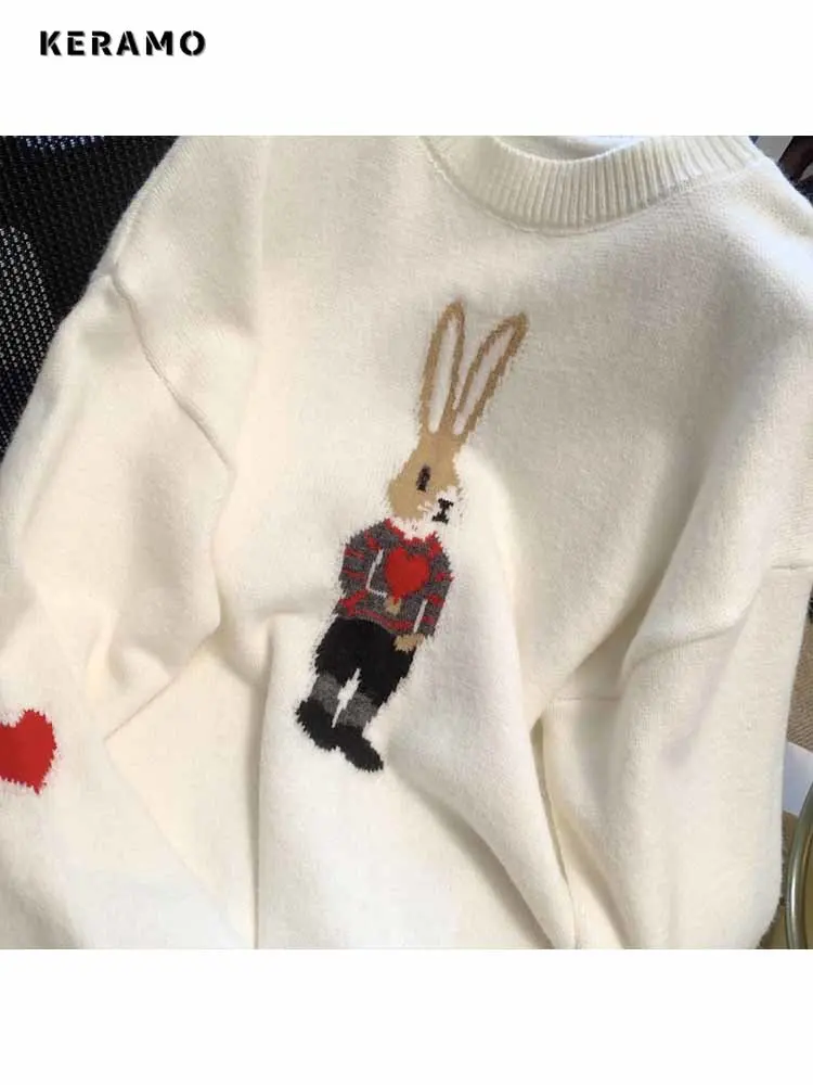 2023 Fall Winter O-Neck Cartoon Rabbit Long Sleeves Knitted Swrater Women Casual All-Match Sweet Korean Fashion Jumper Feamle