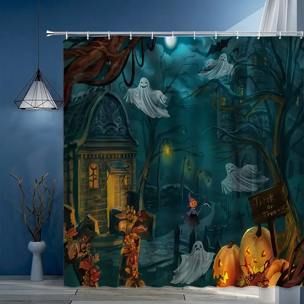 Halloween Shower Curtain By Ho Me Lili Horror Forest Castle Ghost Pumpkin Head Witch Full Moon Dead Tree For Bathroom With Hooks