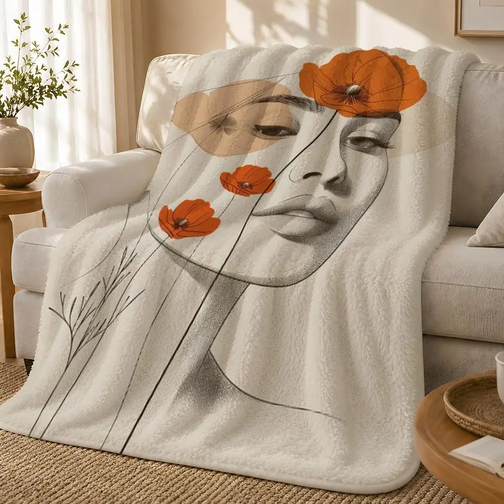 Abstract Face Collection Print Cozy Illustrated Expressive Soft Summer Retro Everyday Use Throw