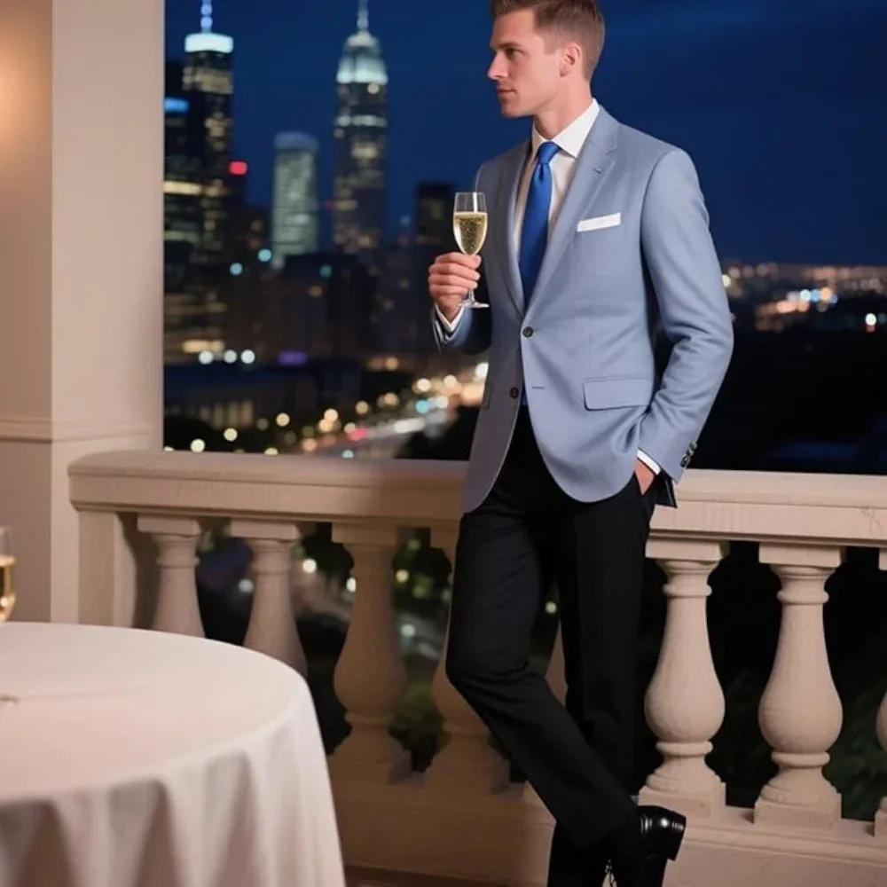 

Men Suit 1 Piece Blue Tuxedo Peak Lapel Groomsmen Wedding Suits Set Fashion Men Business Blazer Jacket
