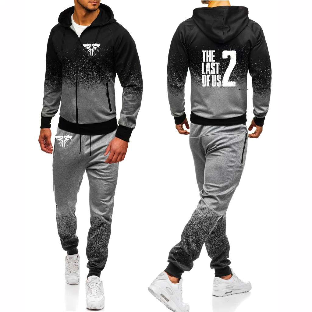 2024 Frühling Herbst Herren The Last Of Us Logo Print Mode Kapuzenjacke Sweatshirt + Beliebte Jogginghose Farbverlauf Sport Set