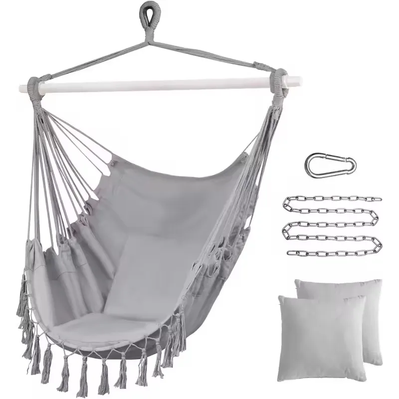 

Hammock Chair Hanging Rope Swing Max 500 Lbs With 2 Cushions Large Macrame Hanging Chair and Pocket