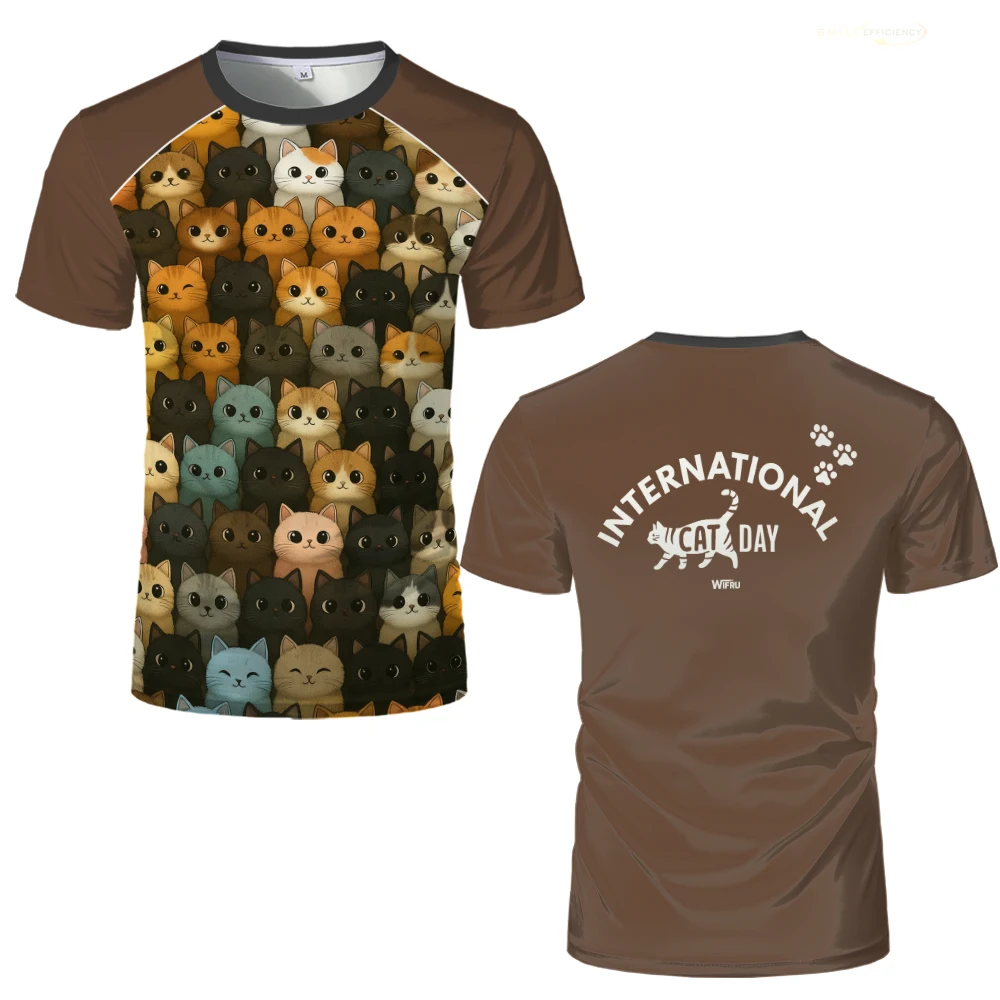 

2025 Summer New International Cat Day T-shirt 3D Printing Fashion Men's Short Sleeve Comfortable O Neck Loose Tops Kid's Tees