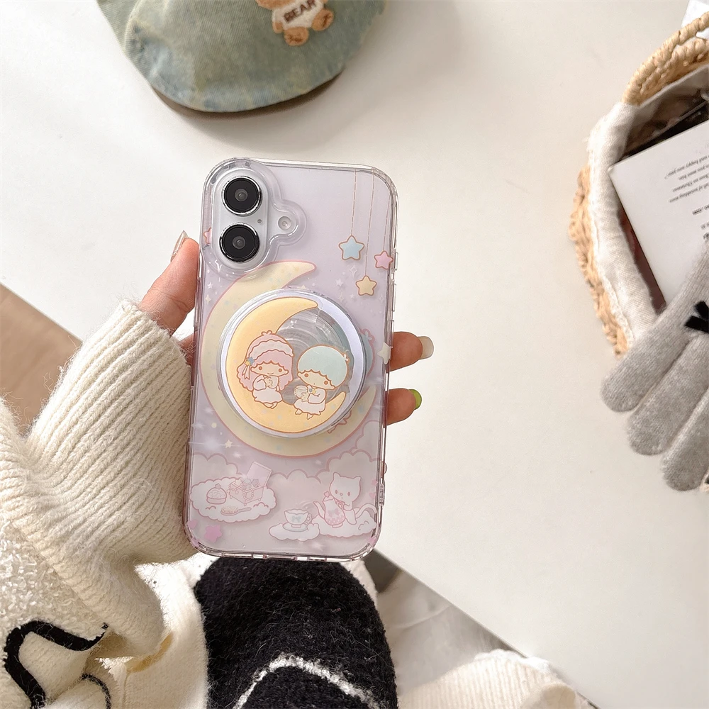 Twin Stars Transparente Cartoon-Hartschale für iPhone 16 13 14 15 Pro Max Magsafe magnetische kabellose Ladeabdeckung