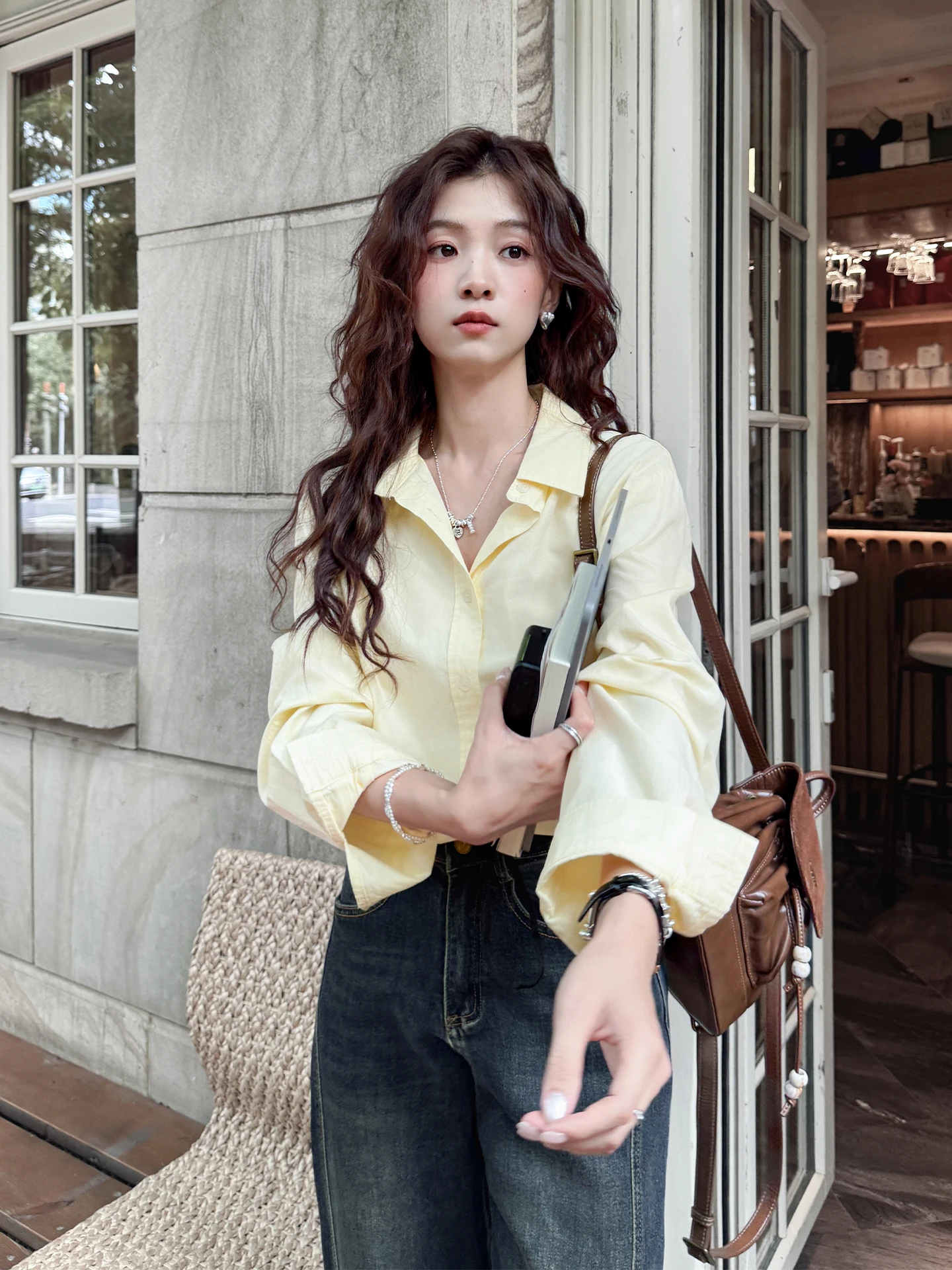 

Loose Fit Pure Cotton Long Sve Yellow irt Women's Korean Sle Casual irt Button Closure Regular Length Cotton 00%