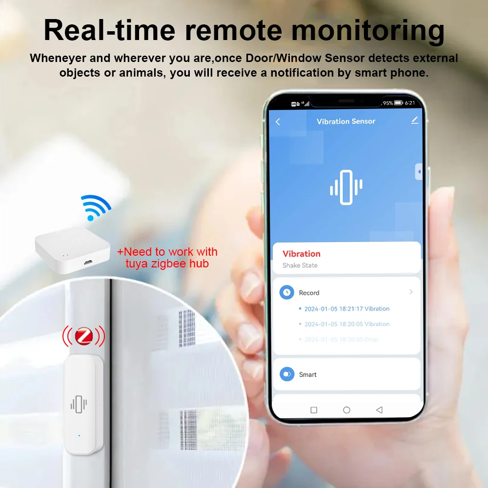 ONENUO Zigbee Smart Vibration Sensor Detection Tuya Smart Life APP Notification Real-Time Motion Shock Alarm History Record