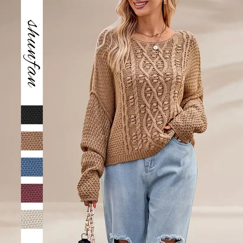 

Loose Women's Knitted Sweater round Ne Twist Rope Knitwear Autumn Winter Cross-Border Faion Thiened Long Sve Crew Ne