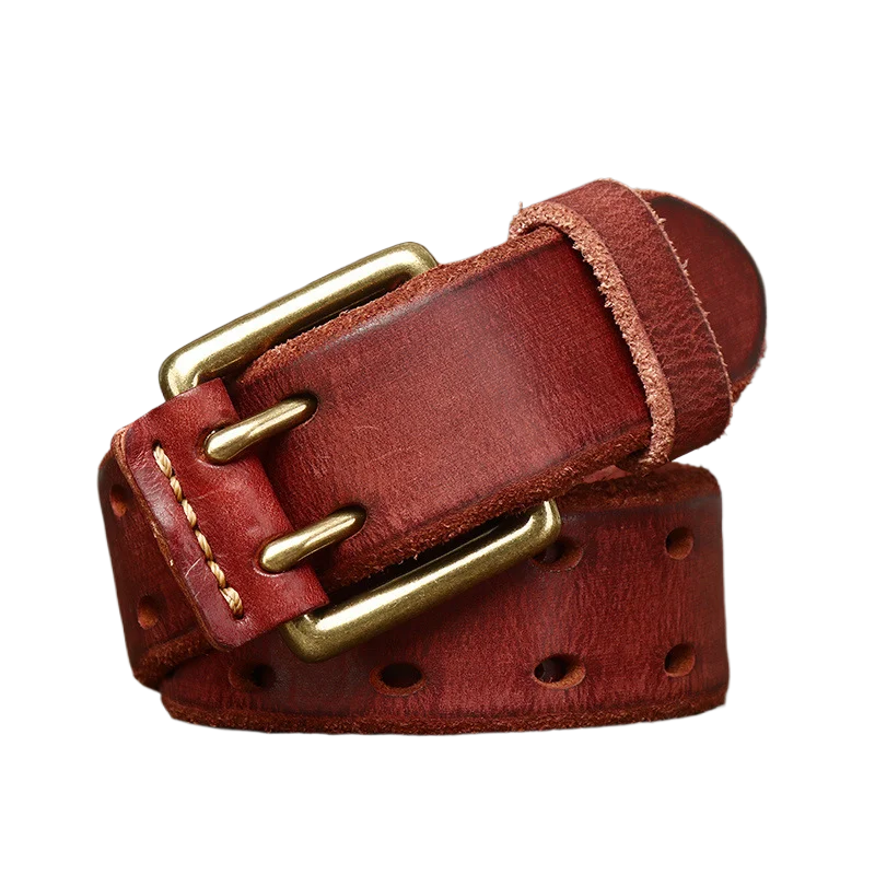 

Винтажный персонализированный ремень с двойной пряжкой, из натуральной кожи первого слоя, новый стиль, мужской пояс