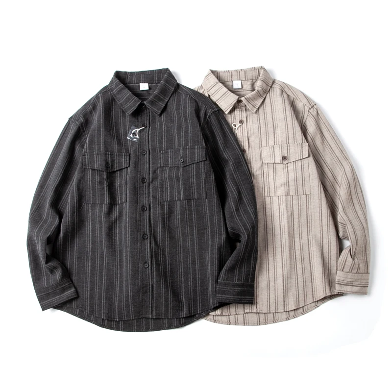 

Retro Striped Long Sleeve Workwear Shirt Unisex Loose Fit Lightweight Outerwear Cotton Polyester Blend Men's Women's Shirt