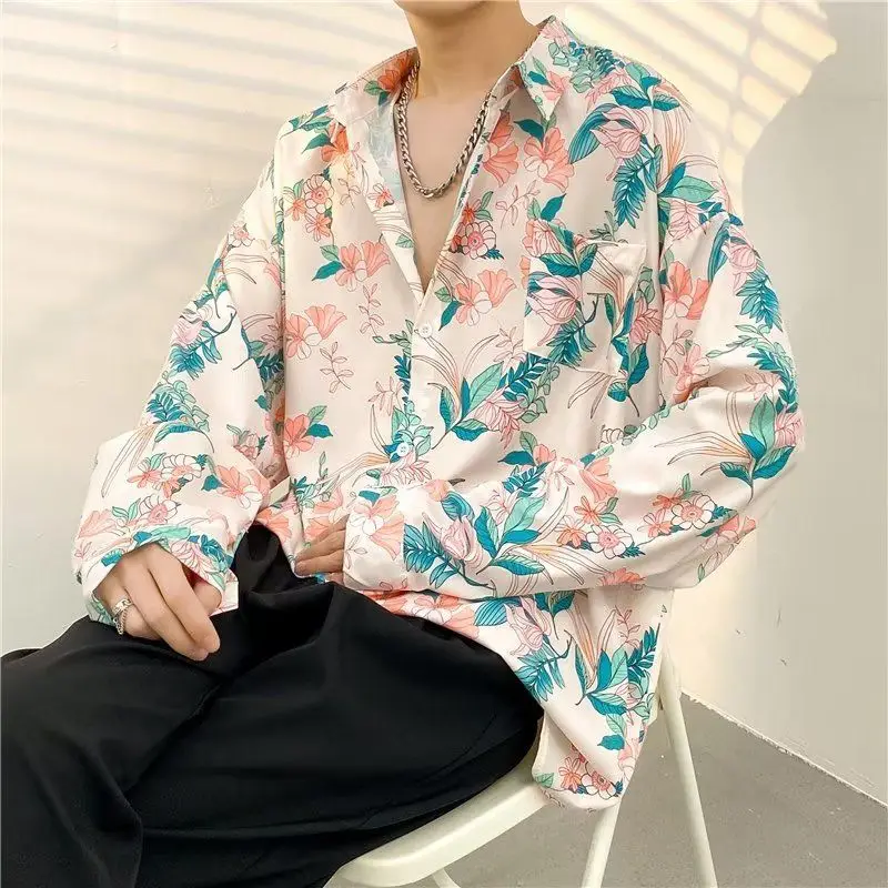 2023 Spring Summer Vintage Fashion Trend Long Sleeve Lapel Men\'s Clothing Loose Lazy Hong Kong Breeze Casual Thin Floral Shirt