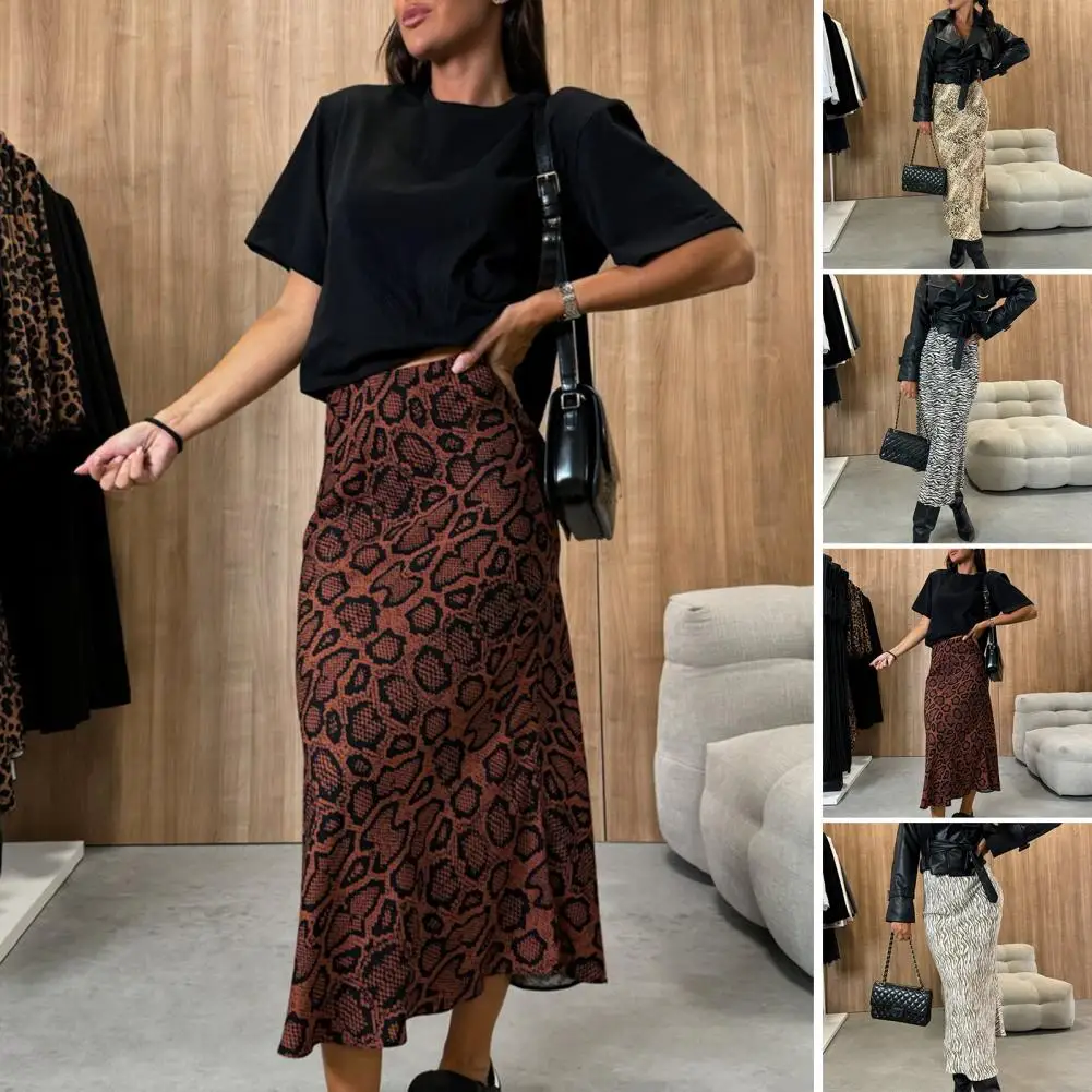 Leopardo estampa feminina saia midi de cintura alta com zíper, estilo de deslocamento, comprimento médio da panturrilha, roupas cotidianas