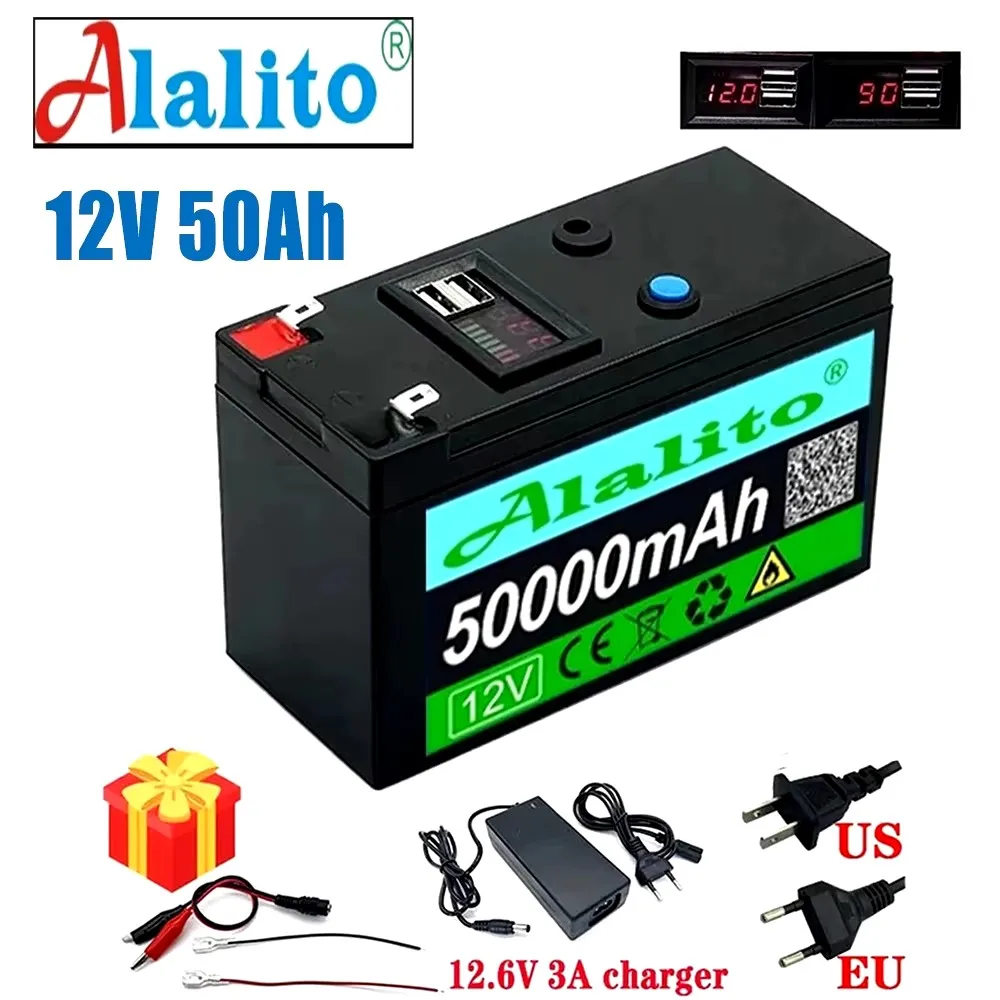 

12V Battery 50Ah 18650 lithium battery pack Rechargeable battery for solar energy electric vehicle battery+12.6v3A charger