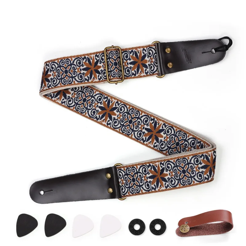 Creative Embroidered Guitar Strap for Electric Guitar, Simple Folk Guitar Strap with Pick and Anti-slip Buckle Accessories