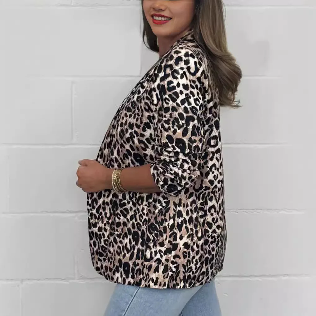 Casual Blazer Coat For Women Long Sleeve European Style Fashion Jackets Leopard Print Loose Cardigan Lapel 2024 New Autumn Coats
