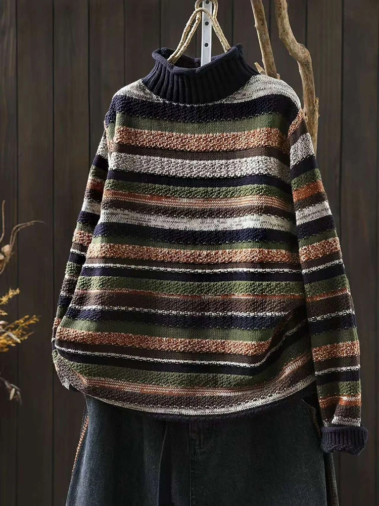 

Women Casual Sweater New Arrival 2025 Autumn Vintage Style Half High Collar Striped Female Long Sleeve Knitted Pullover M2019