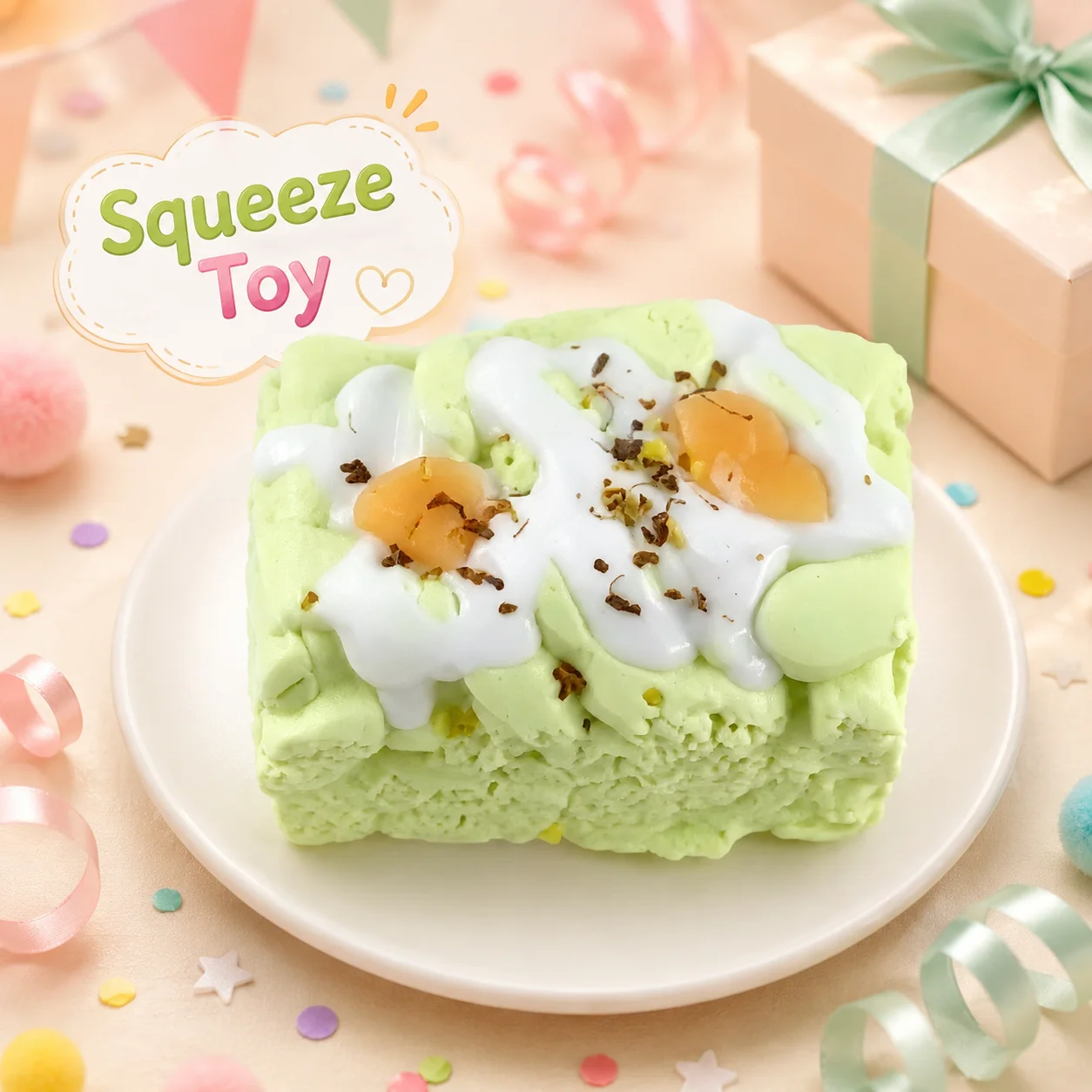 Kawaii Matcha Color Rectangle Pastry Mochi Squishy Toy Food Grade Soft Silicone Imitation Fruit Dessert Ornament Squeeze Toy