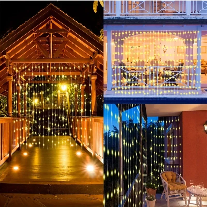 Solar LED Curtain Light Outdoor Garland Solar Fairy String Light Pavilion Garden Party Holiday Christmas Decor Copper Wire Lamps