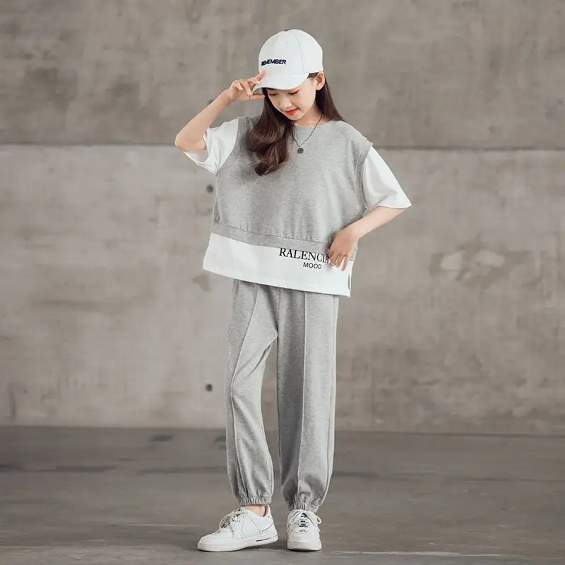 Summer Children Girls Clothes Set Teenage Letter Print Tshirts and Pants 2 Pieces Outfits Kid Casual Top Bottom Tracksuits