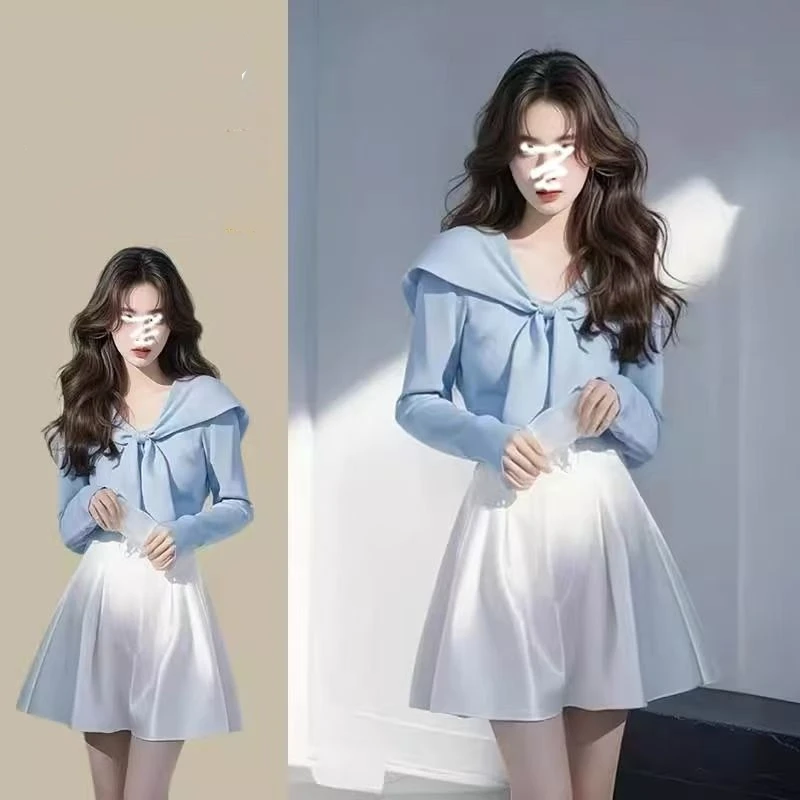 

Women's Spring Fall Sweater Bowknot Sweatshirt Mini Pleated Skirts Two Piece Set Lady Korean Blue Tops White Skirts Outfits 2025