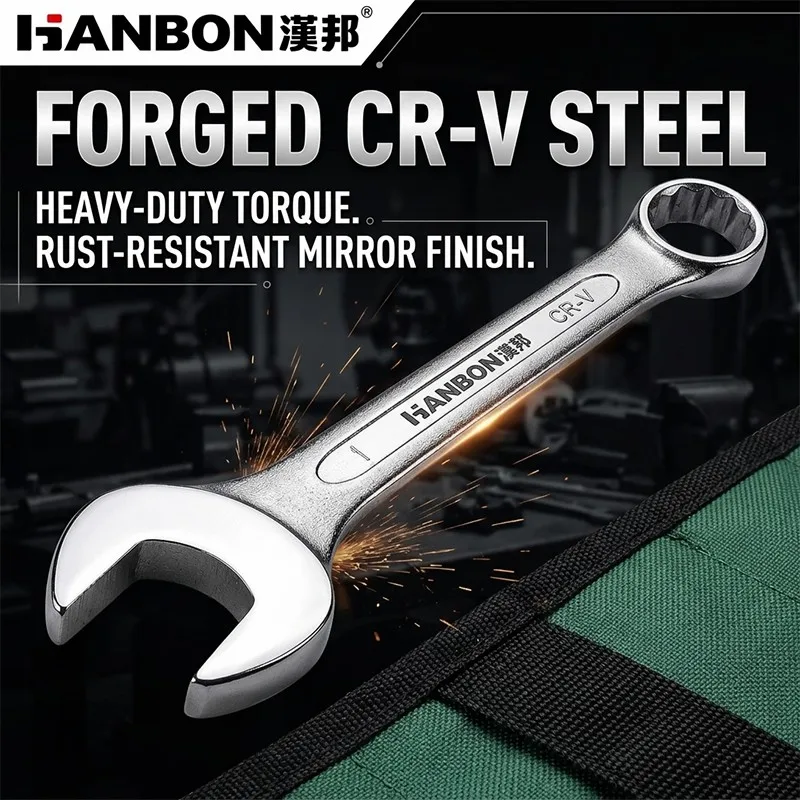 10pcs Combination Wrench Set 8-24mm, CR-V Chrome Vanadium Steel Mirror Polish Open End and Box End Spanner, Folding Case