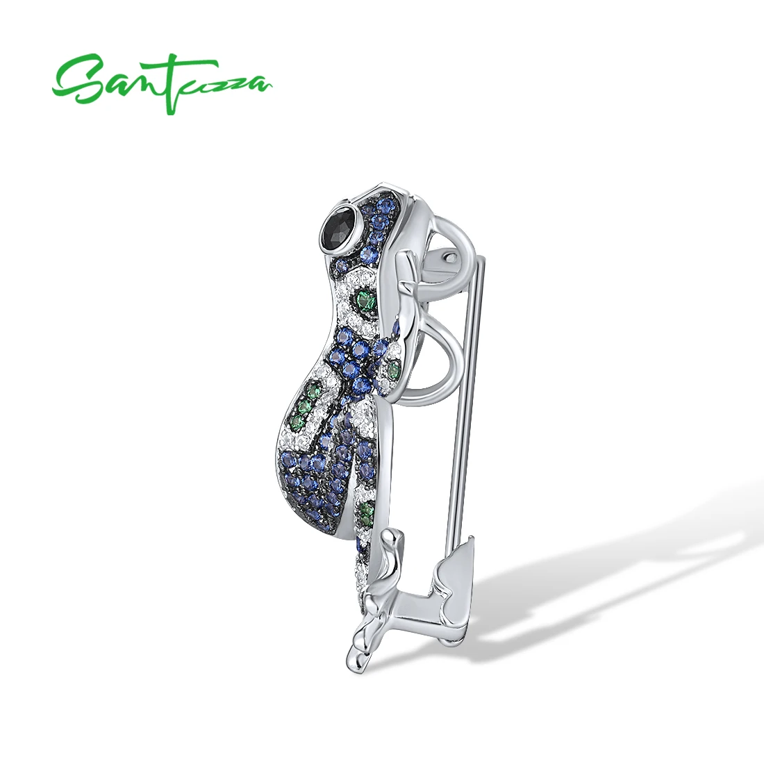 SANTUZZA Genuine 925 Silver Brooch For Women Sparkling Multi-Color Gems Lovely Blue Frog Trendy Party Gifts Fine Jewelry