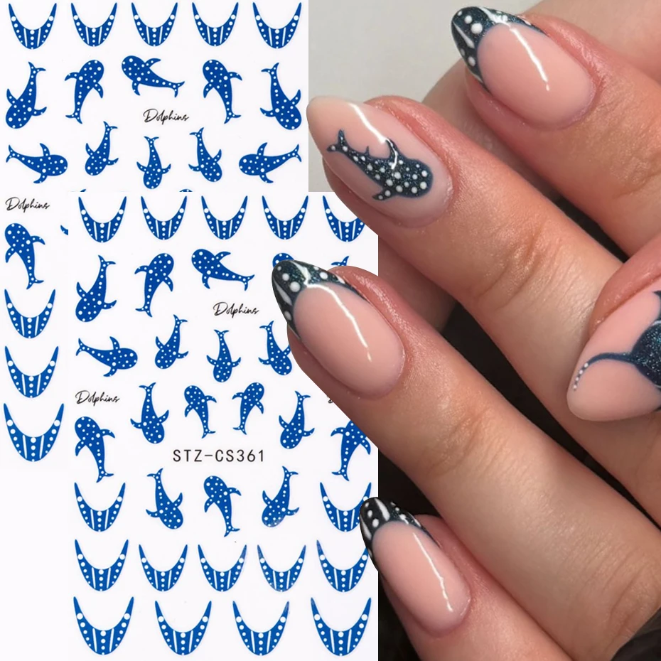 2 Stück 3D Walhai-Nagelaufkleber Modische Ozeanhai-French-Line-Klebe-Nagelsticker Sommer-Meer-Serie Y2K Nageldeko
