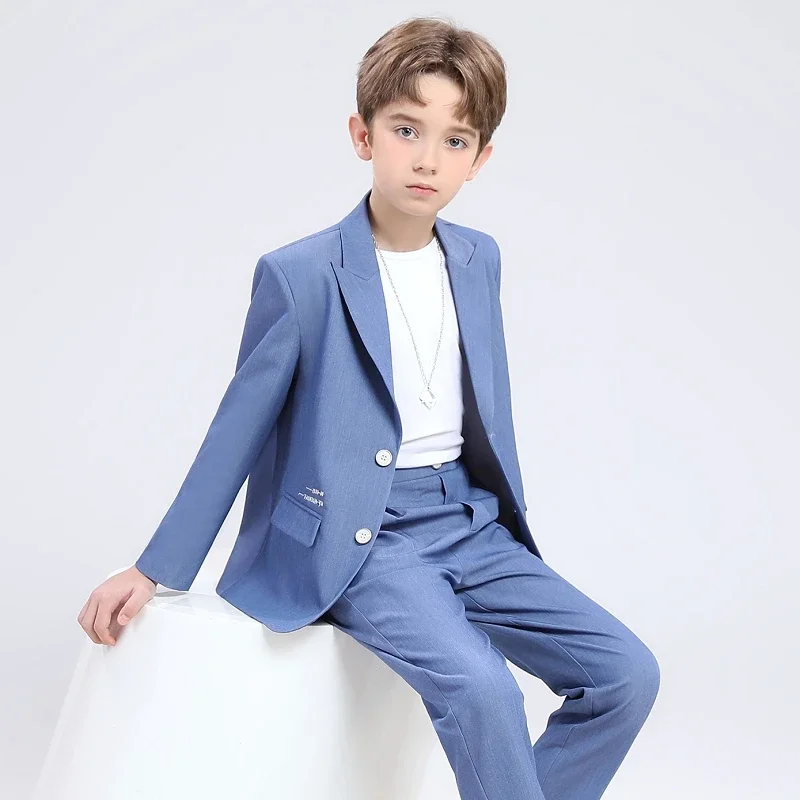 Boys Grey Blue Slim Fit Suits Formal Wear Children Teenager Best man Host Performance Clothes Kids Students Party Full Dress