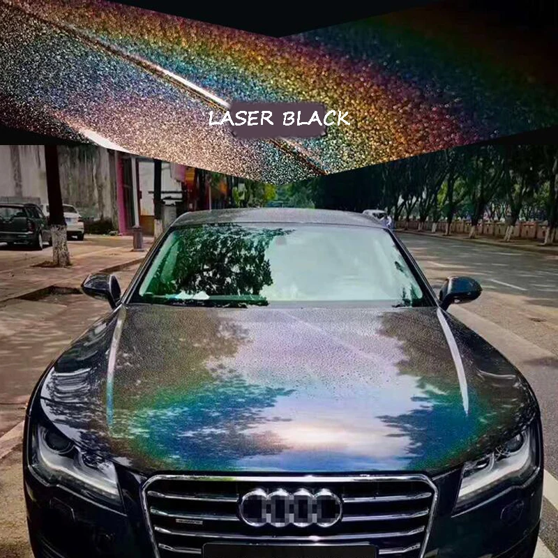 5m x 1.52m Holographic Rainbow Laser White/Black Vinyl Wrap Roll Decals Car Stickers Film Sheet Car Hood Body Decals