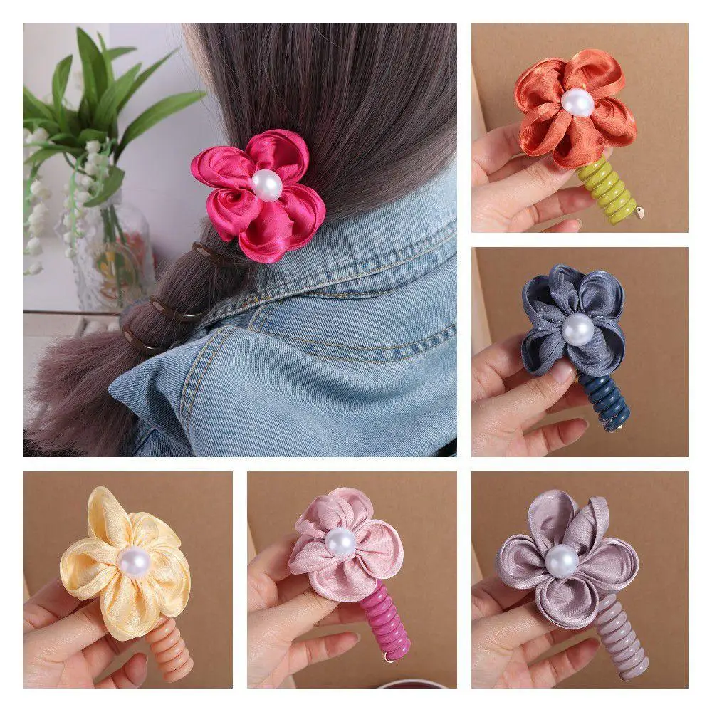 

Flower Telephone Wire Hair Rope Elastic Korean Style Telephone Line Headband Ponytail Holder Straight Braid Hair Tie Girl