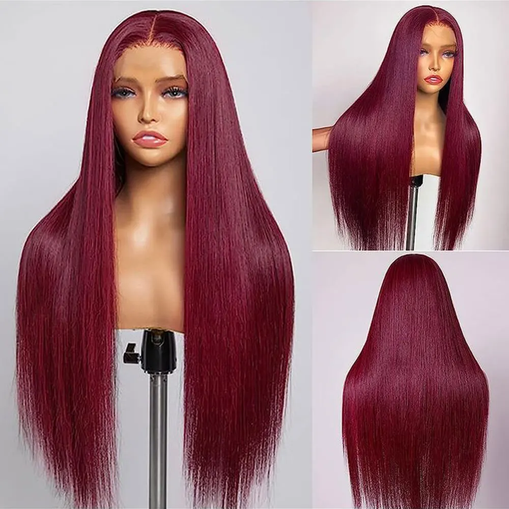 

﻿ Burgundy 99J Colored 13x6 HD Lace Frontal Human Hair Wig Straight Wig 220%13x4 Hd Lace Red Remy Human Hair Wigs for Women