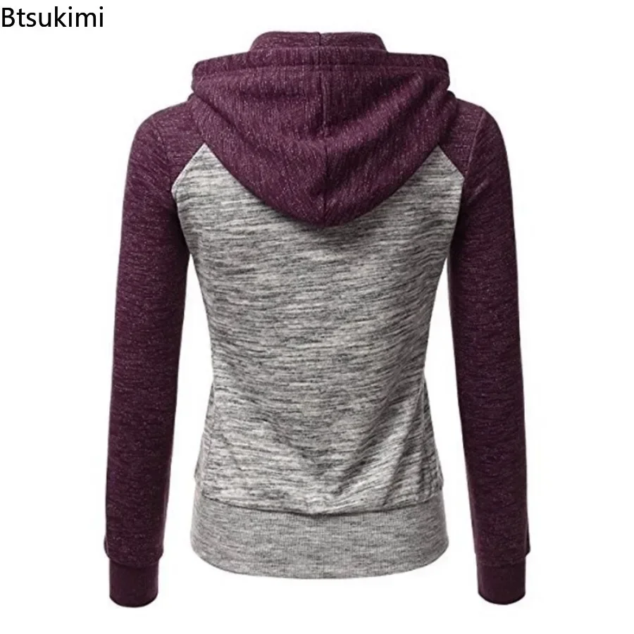 2025 Women\'s Long Sleeve Hoodies Fashion Splice Design Hooded Drawstring Sport Zip-up Coats Women Casual Color Block Sweatshirts