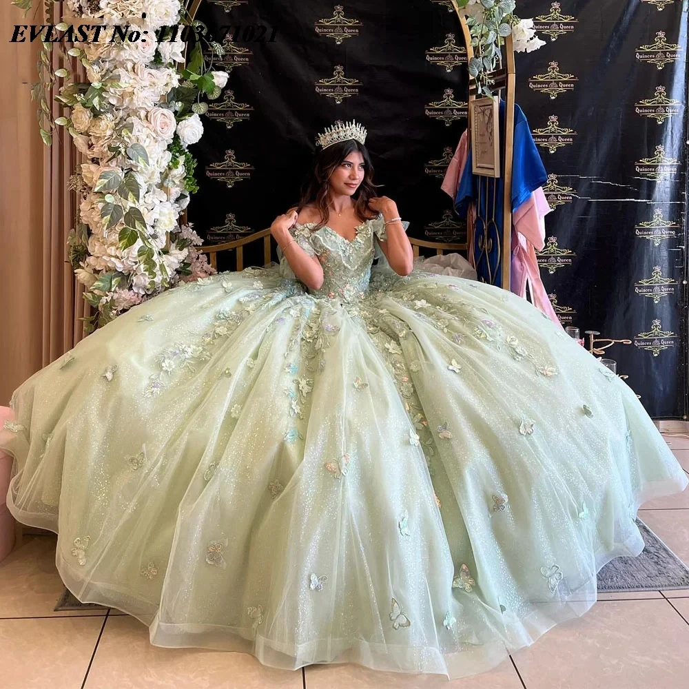 فستان EVLAST-Quinnceanera ، ثوب كرة أخضر لامع بالنعناع ، زين بزهور ثلاثية الأبعاد ، مشد قوس مزين بالخرز ، حلو 16 ، SQ559 ، 16