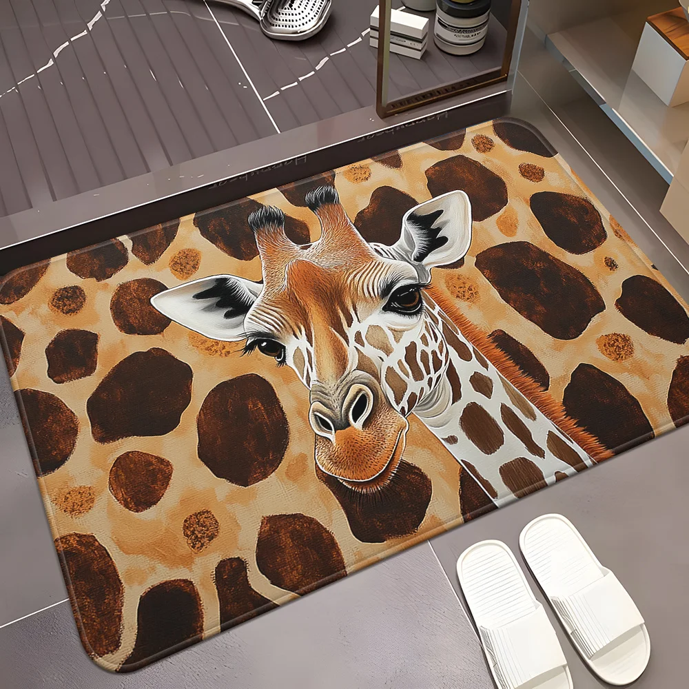 Brown Orange Giraffe 2D Flat Print Absorbent Washable Bath Rug Mat For Bathroom Kitchen Bedroom Living Room Entrance