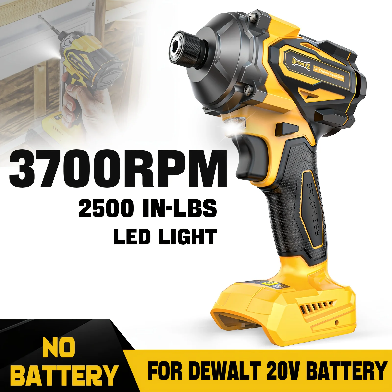 

DIYtoolifz 2500 IN-LBS MAX TORQUE(180 Ft-lbs) 1/4'' Cordless Brushless Impact Driver, 3-Speed (0-3700 RPM), D-ewalt 20V Compatible, Compact Design With Auto-Stop & LED Light For Construction & Projects (Without Battery)