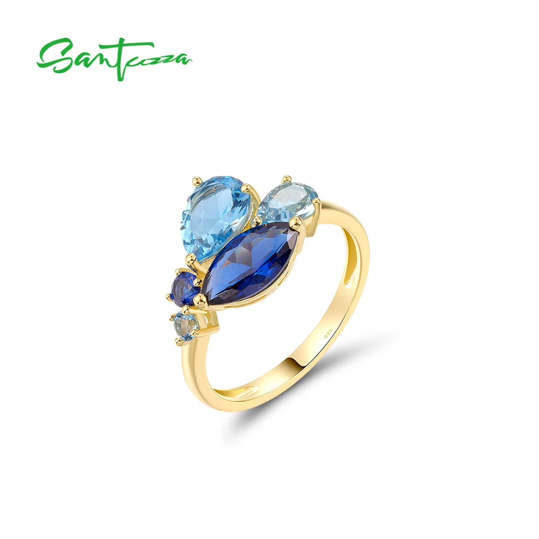 SANTUZZA Authentic 925 Sterling Silver Ring For Women Shiny Synthetic Blue/Red Spinel Delicate Wedding Bride Gifts Fine Jewelry