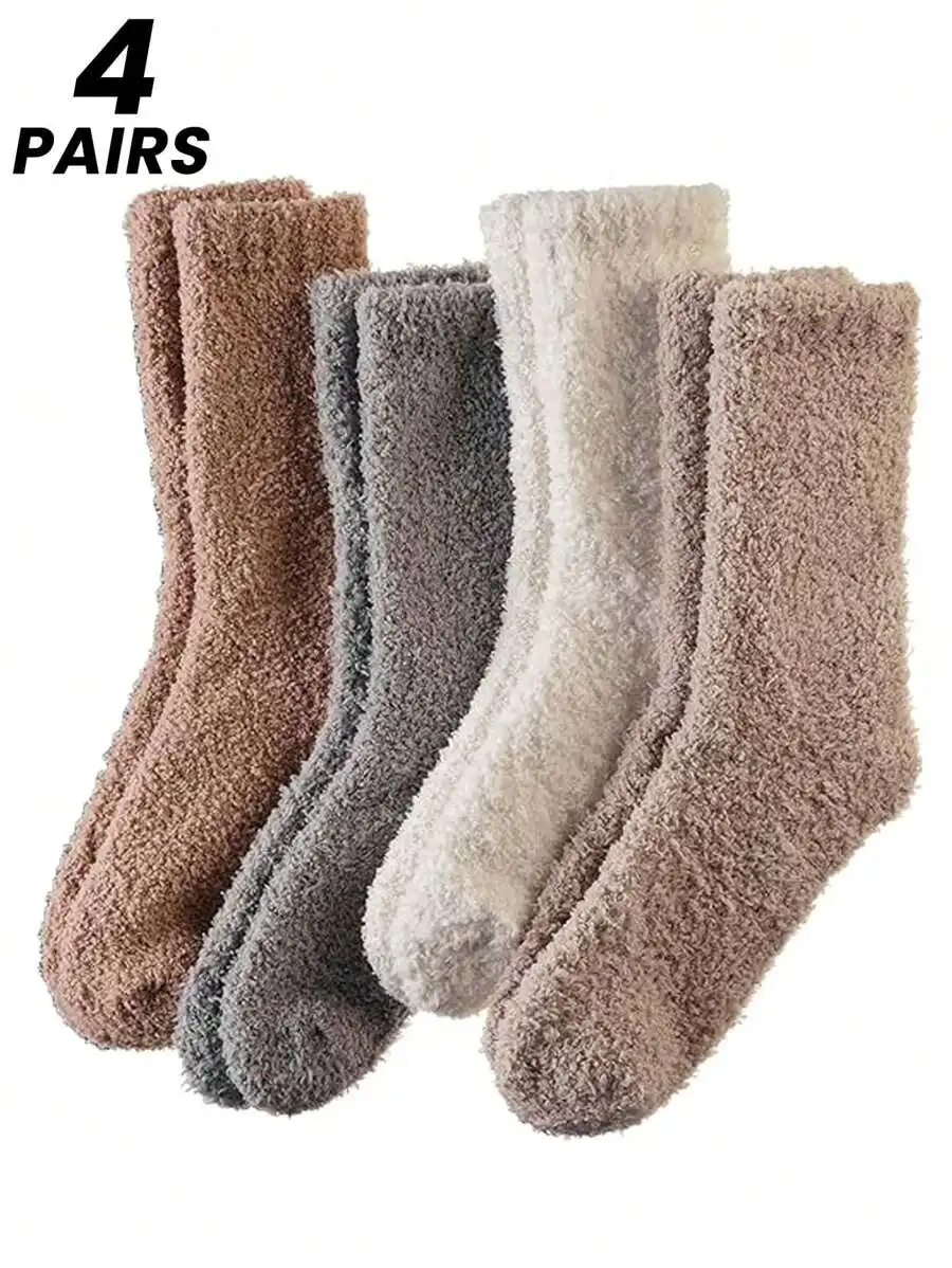 

4 Pairs Cozy Plush Coral Fleece Socks for Women, Warm Thick Home Sleep Socks, One Size 35-43