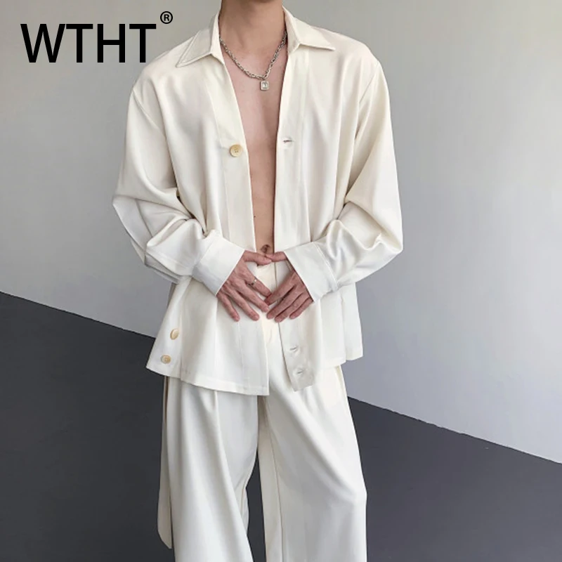 

WTHT Fashion Men's Slanted Placket Loose Chinese Style Shirts Trendy Turn Down Collar Long Sleeves Tops Male 2025 Summer 2A1252