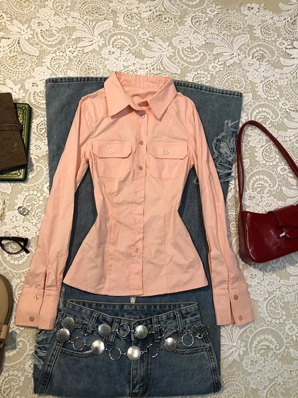 الأصلي الوردي طوق طويل Sve irt المرأة خمر خمر الخصر Cinched أعلى تخفيف Sle مزيج القطن Busin عارضة