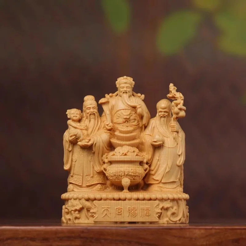 Hand Carved Hinoki Wood Fu Lu Shou Gods Set of 3 Figurine - Prosperity Wealth Longevity Ornament Home Office Desk Decor Gift