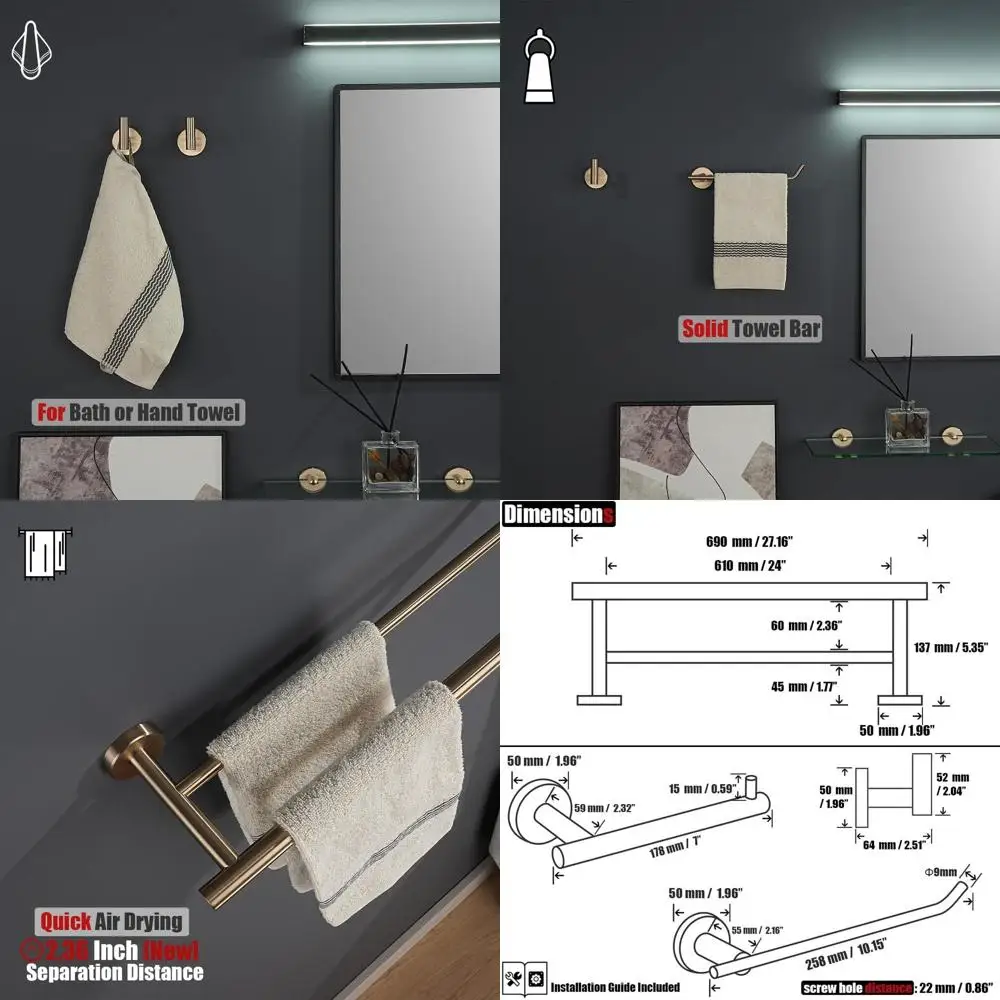 

5-Piece Champagne Bronze Bath Hardware Set: Wall-Mounted Towel Bar, Toilet Paper Holder, Hooks & More