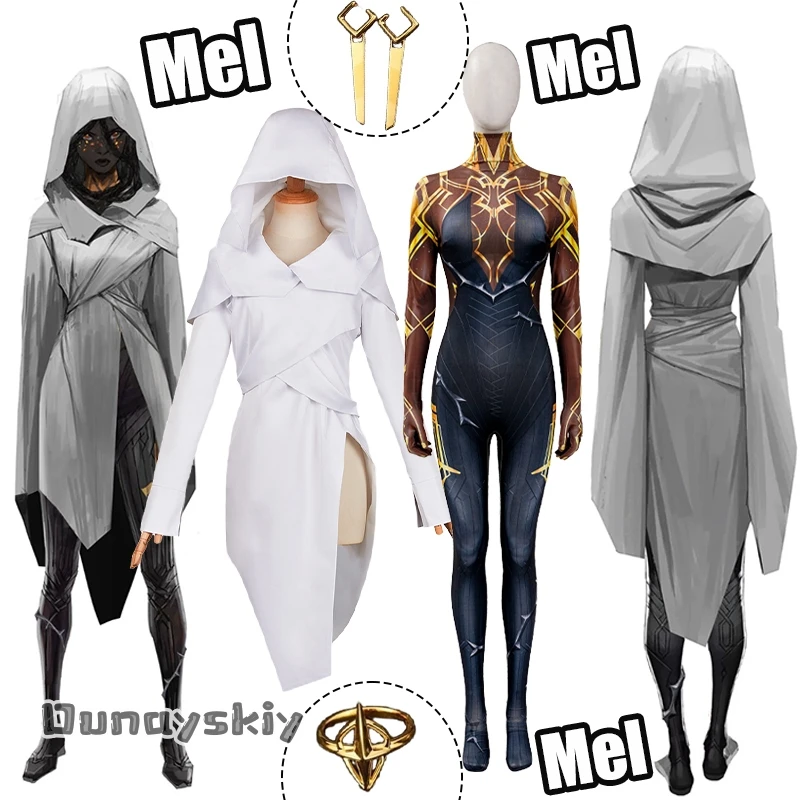 

Arcane Mel Cosplay Costume White Slit Dress+Zentai Straitjacket Outfit Women's Costumes Game LOL 2 Mel Fighting Suit Role-play